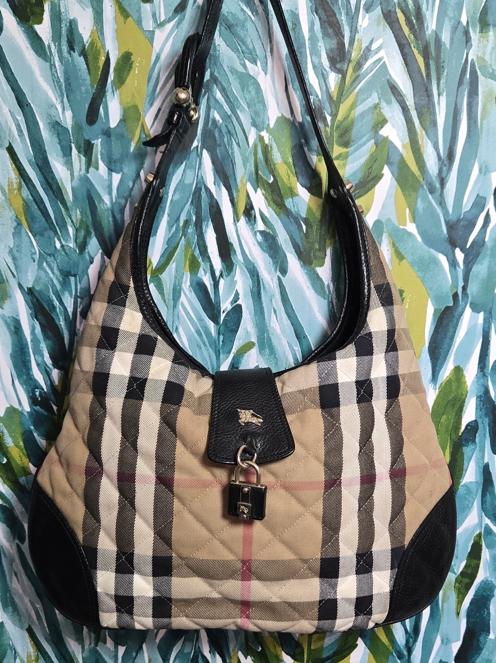Burberry Nova Check Quilted Canvas Hobo With Black Leather Trim